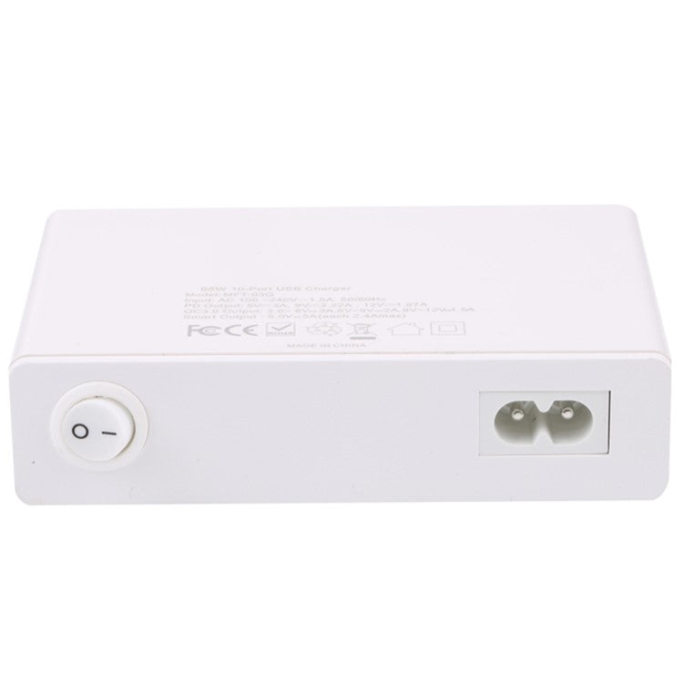 MFT-03Q USB Charger 10-Port 65W Multi-Port Type-C QC3.0 Charging Hub Compact Desktop Power Station - White / US Plug