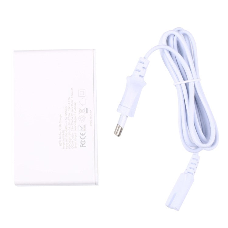 MFT-03Q USB Charger 10-Port 65W Multi-Port Type-C QC3.0 Charging Hub Compact Desktop Power Station - White / US Plug