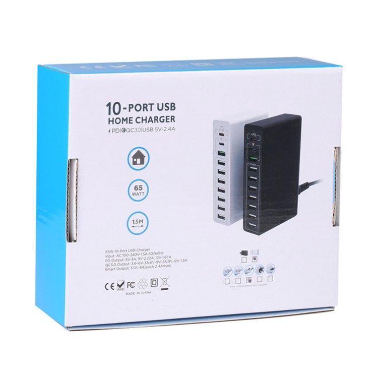 MFT-03Q USB Charger 10-Port 65W Multi-Port Type-C QC3.0 Charging Hub Compact Desktop Power Station - White / US Plug