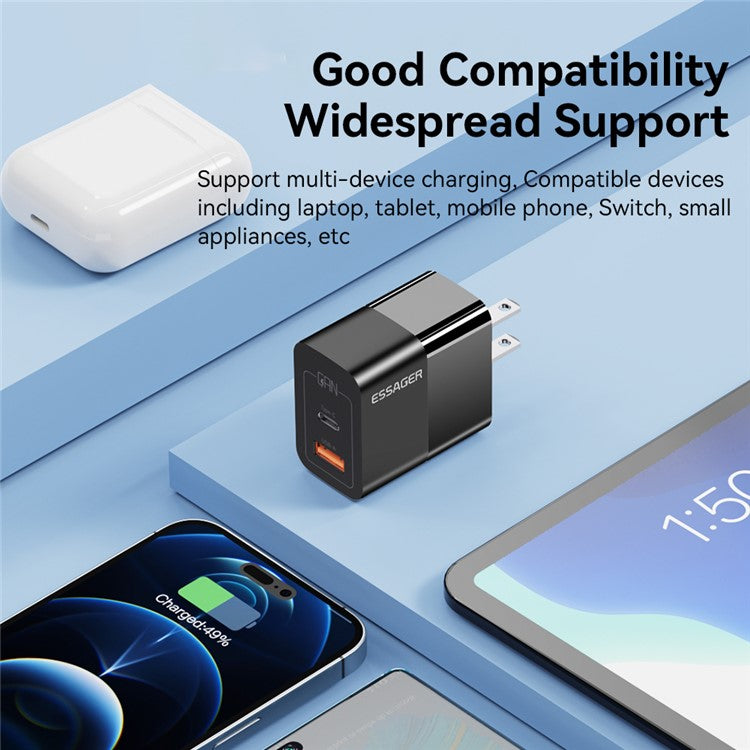 ESSAGER 33W USB-A + Type-C Fast Charging Adapter GaN Dual Port Wall Charger - US Plug / Black