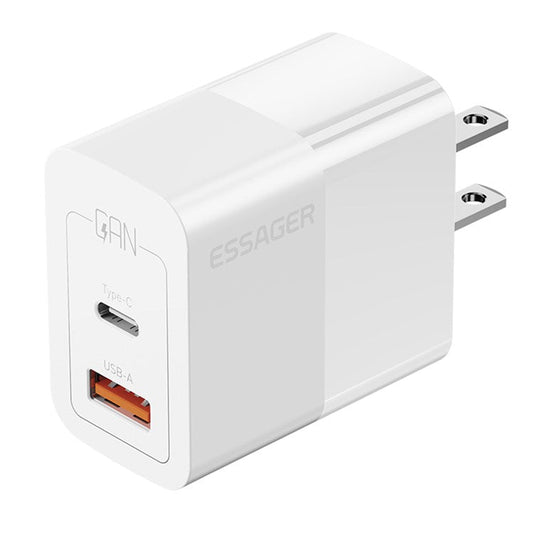 ESSAGER 33W USB-A + Type-C Fast Charging Adapter GaN Dual Port Wall Charger - US Plug / White
