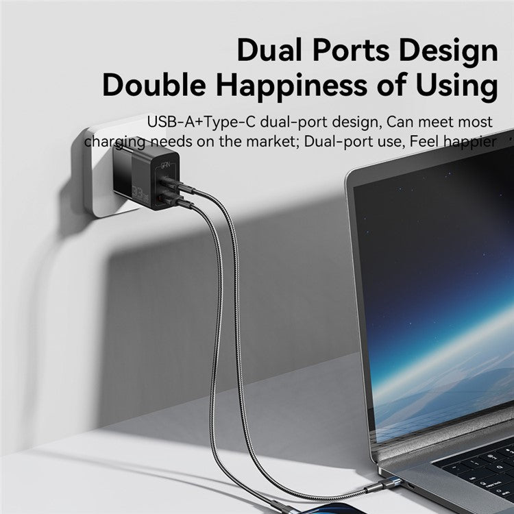 ESSAGER 33W USB-A + Type-C Fast Charging Adapter GaN Dual Port Wall Charger - US Plug / White