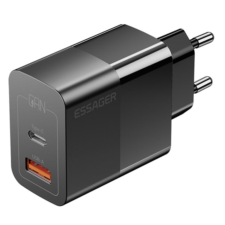 ESSAGER 33W USB-A + Type-C Fast Charging Adapter GaN Dual Port Wall Charger - EU Plug / Black