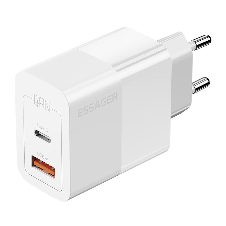 ESSAGER 33W USB-A + Type-C Fast Charging Adapter GaN Dual Port Wall Charger - EU Plug / White