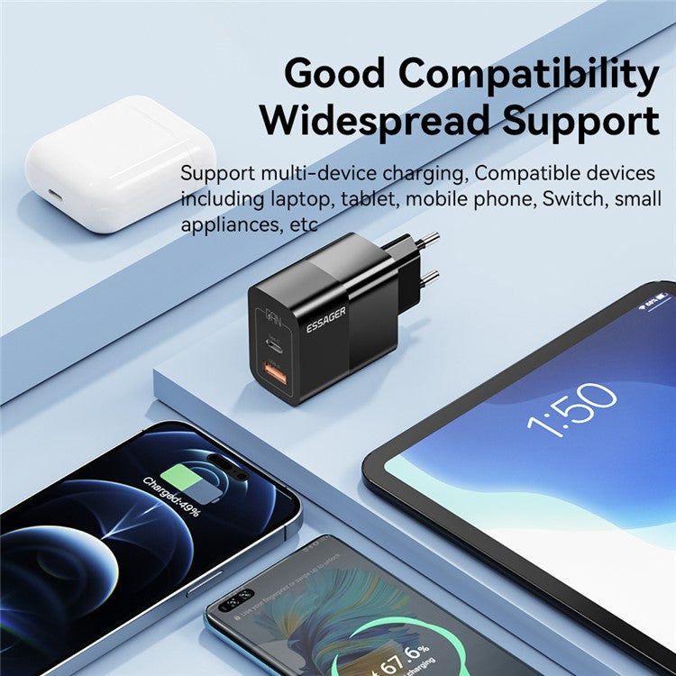 ESSAGER 33W USB-A + Type-C Fast Charging Adapter GaN Dual Port Wall Charger - EU Plug / White