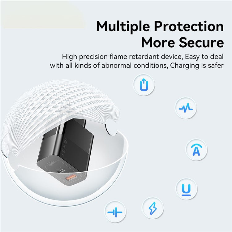 ESSAGER 33W USB-A + Type-C Fast Charging Adapter GaN Dual Port Wall Charger - EU Plug / White