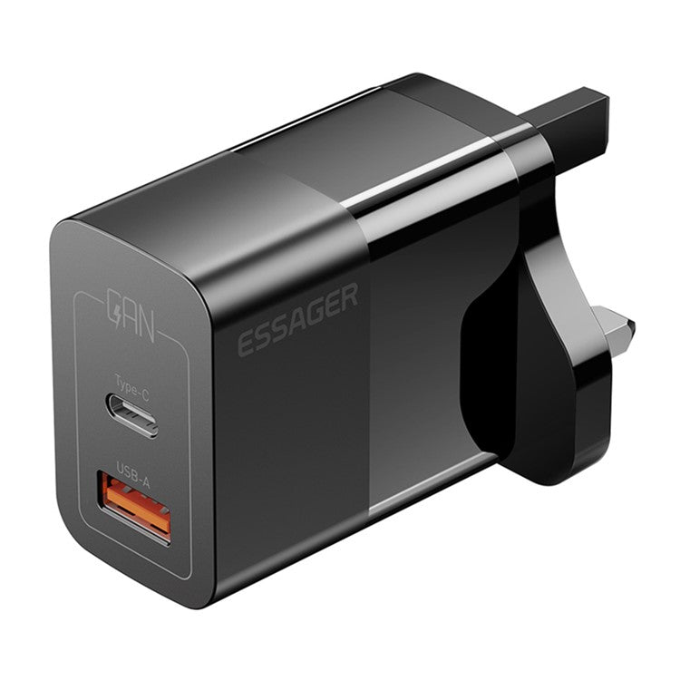 ESSAGER 33W USB-A + Type-C Fast Charging Adapter GaN Dual Port Wall Charger - UK Plug / Black