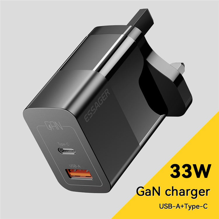 ESSAGER 33W USB-A + Type-C Fast Charging Adapter GaN Dual Port Wall Charger - UK Plug / Black