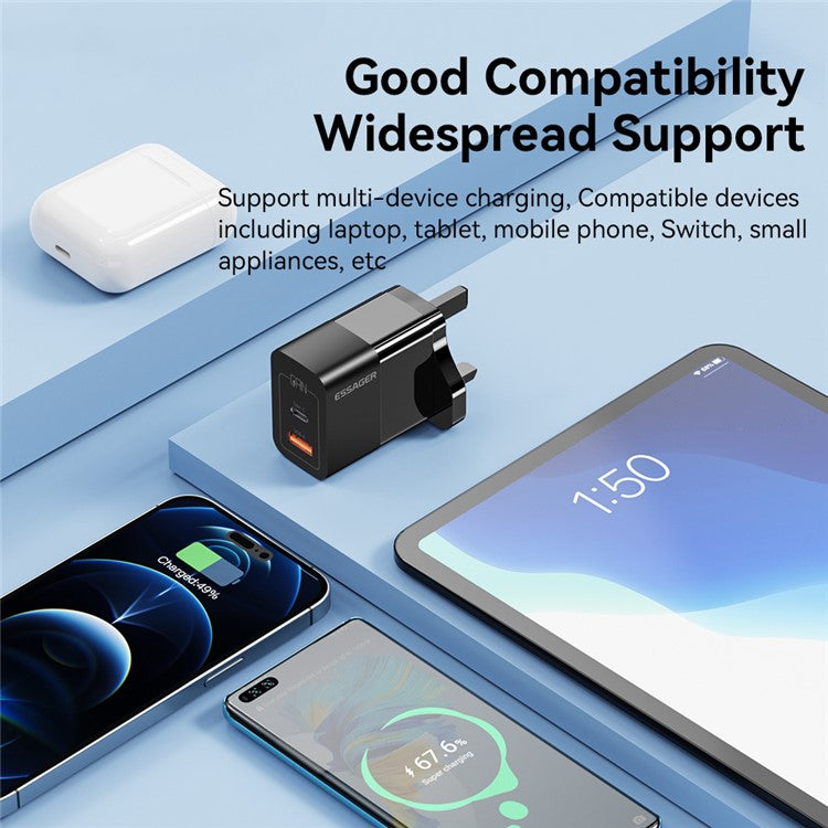 ESSAGER 33W USB-A + Type-C Fast Charging Adapter GaN Dual Port Wall Charger - UK Plug / Black