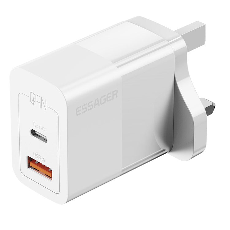 ESSAGER 33W USB-A + Type-C Fast Charging Adapter GaN Dual Port Wall Charger - UK Plug / White