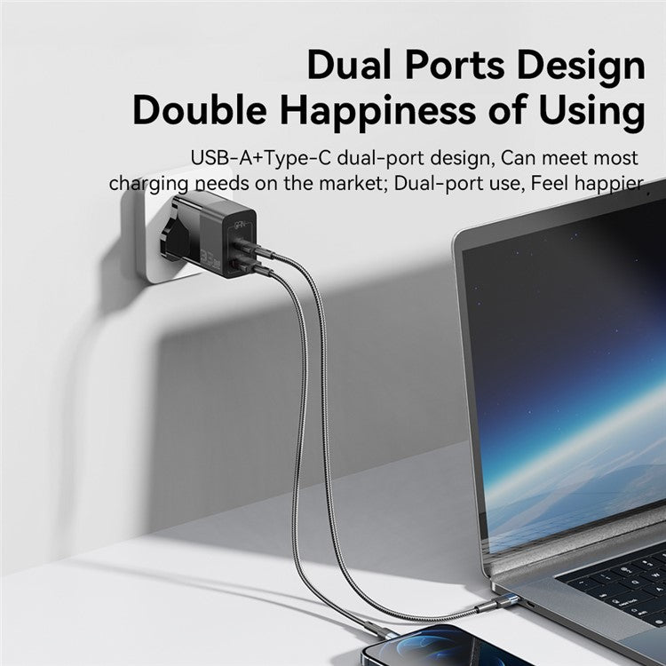 ESSAGER 33W USB-A + Type-C Fast Charging Adapter GaN Dual Port Wall Charger - UK Plug / White