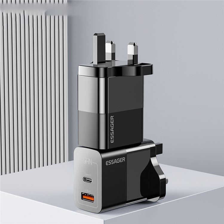 ESSAGER 33W USB-A + Type-C Fast Charging Adapter GaN Dual Port Wall Charger - UK Plug / White