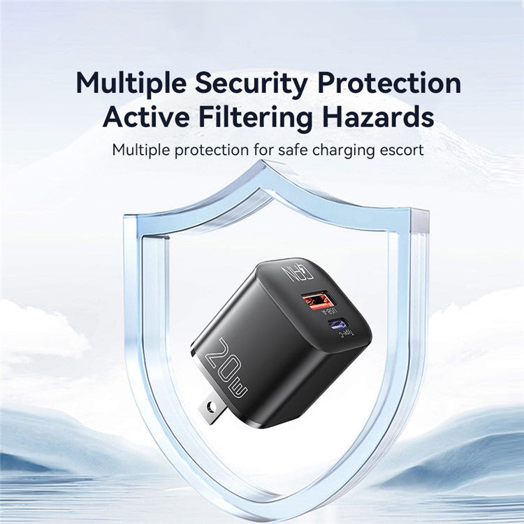 ESSAGER Curved Design 20W USB-A + Type-C GaN Wall Charger Phone Fast Charging Adapter - US Plug / Black