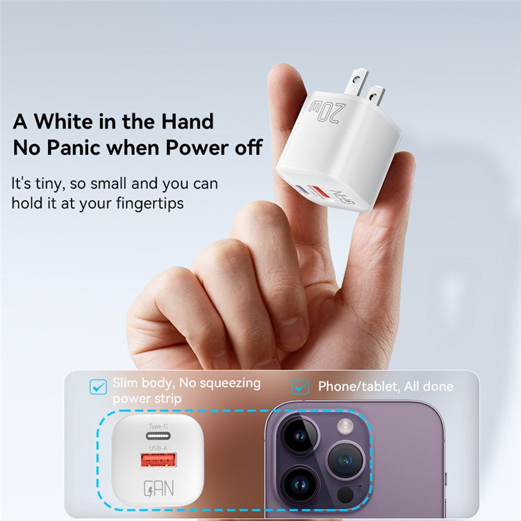 ESSAGER Curved Design 20W USB-A + Type-C GaN Wall Charger Phone Fast Charging Adapter - US Plug / White