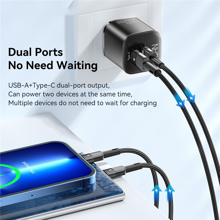 ESSAGER Curved Design 20W USB-A + Type-C GaN Wall Charger Phone Fast Charging Adapter - US Plug / White