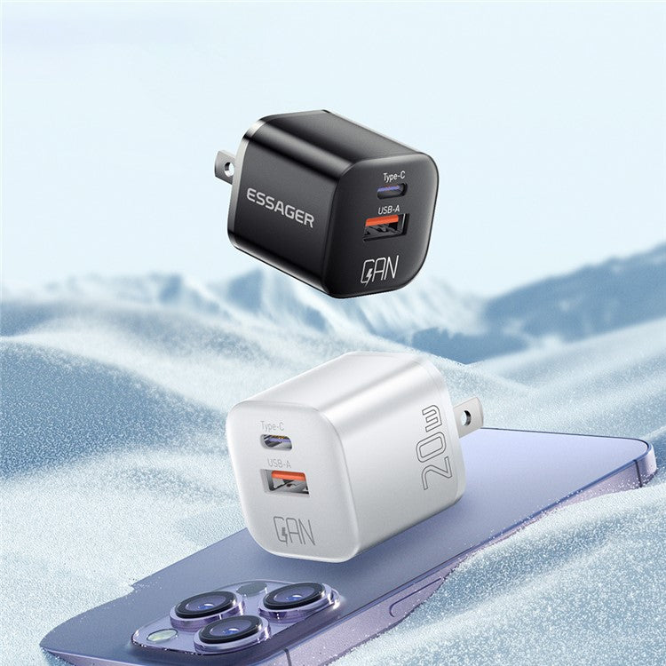 ESSAGER Curved Design 20W USB-A + Type-C GaN Wall Charger Phone Fast Charging Adapter - US Plug / White