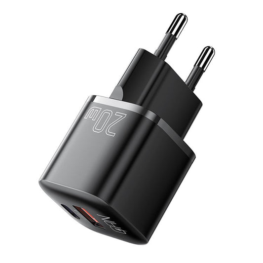 ESSAGER Curved Design 20W USB-A + Type-C GaN Wall Charger Phone Fast Charging Adapter - EU Plug / Black