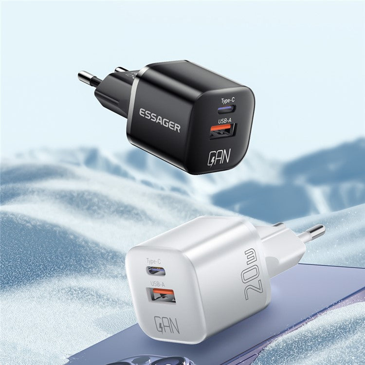 ESSAGER Curved Design 20W USB-A + Type-C GaN Wall Charger Phone Fast Charging Adapter - EU Plug / Black