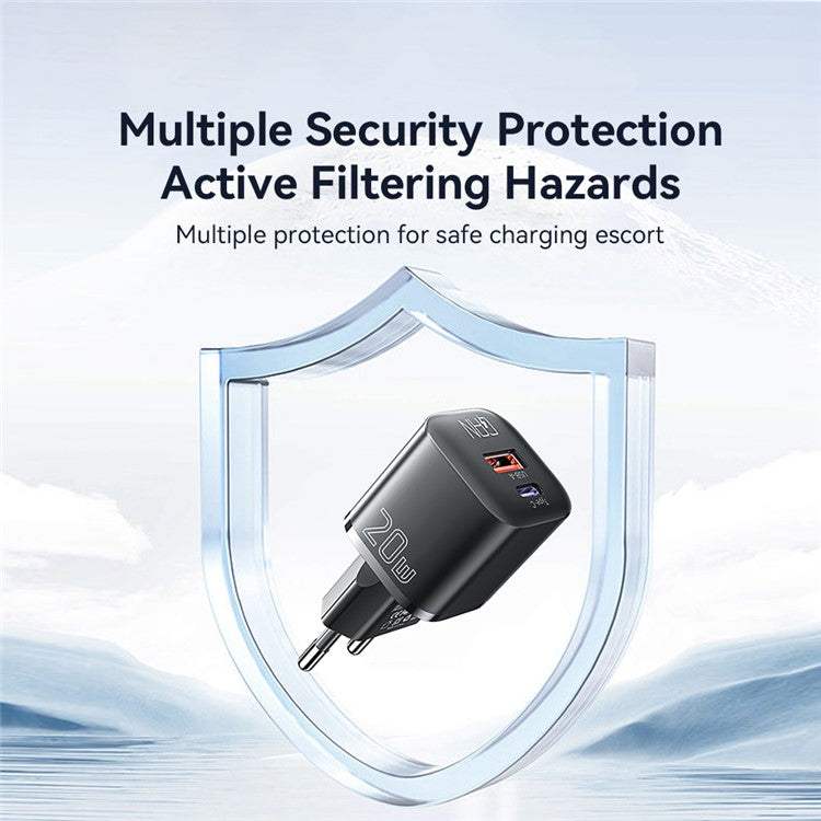 ESSAGER Curved Design 20W USB-A + Type-C GaN Wall Charger Phone Fast Charging Adapter - EU Plug / White