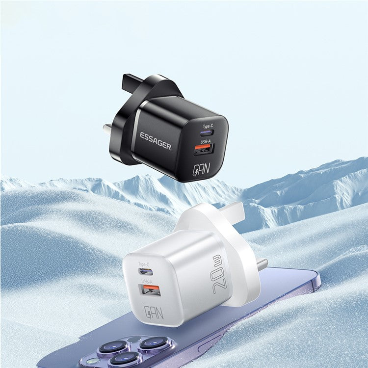 ESSAGER Curved Design 20W USB-A + Type-C GaN Wall Charger Phone Fast Charging Adapter - UK Plug / White