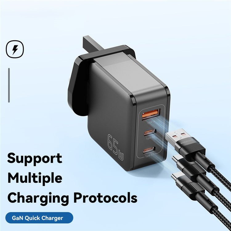 ESSAGER 65W Multi-Port GaN Quick Charger 2 USB-C+USB-A Portable Mini Wall Charger Adapter - UK Plug / Black