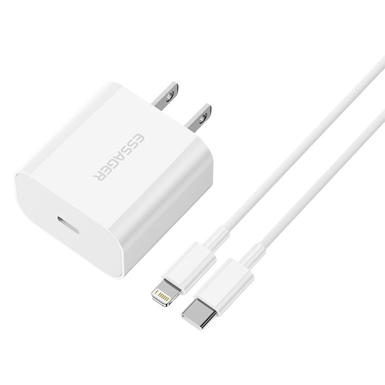 ESSAGER PD 20W Quick Charger Set with Type-C to Lightning Cable, Portable Wall Charger Adapter Block - US Plug