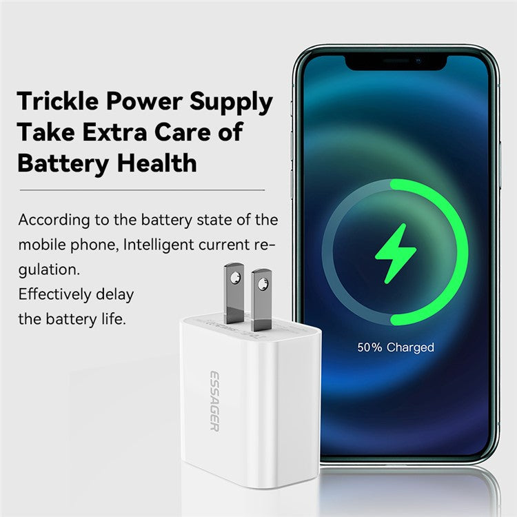 ESSAGER PD 20W Quick Charger Set with Type-C to Lightning Cable, Portable Wall Charger Adapter Block - US Plug