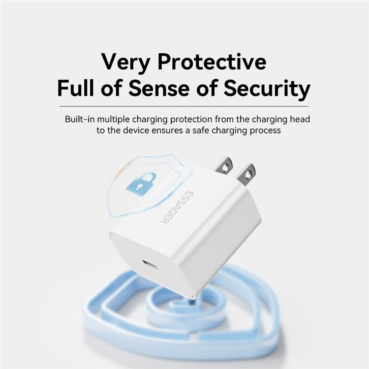 ESSAGER PD 20W Quick Charger Set with Type-C to Lightning Cable, Portable Wall Charger Adapter Block - US Plug