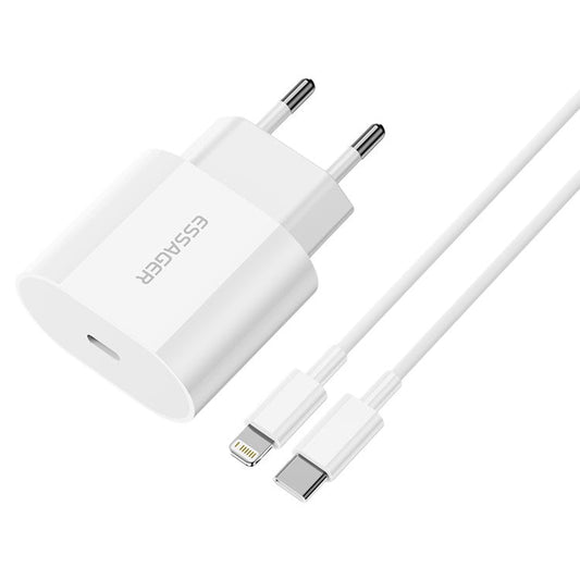 ESSAGER PD 20W Quick Charger Set with Type-C to Lightning Cable, Portable Wall Charger Adapter Block - EU Plug