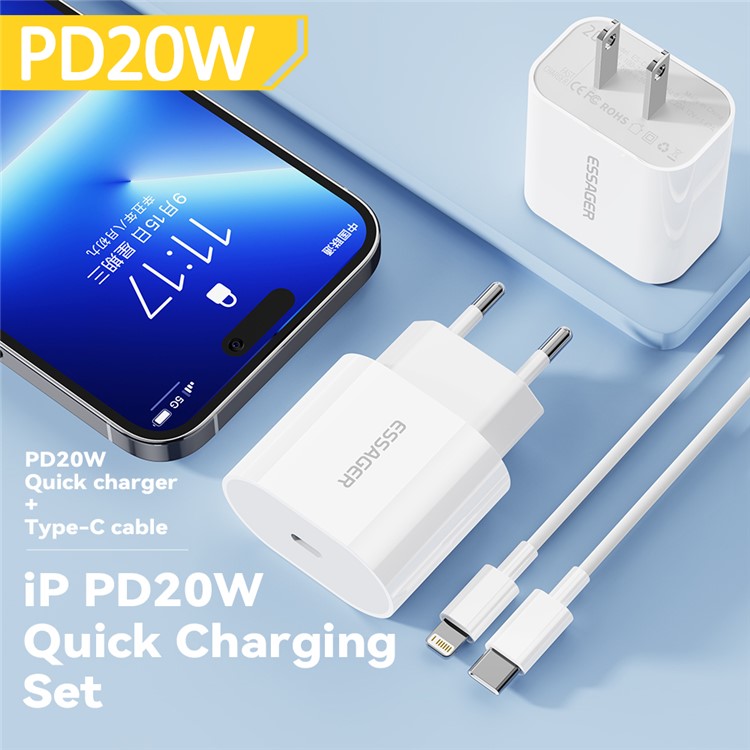 ESSAGER PD 20W Quick Charger Set with Type-C to Lightning Cable, Portable Wall Charger Adapter Block - EU Plug