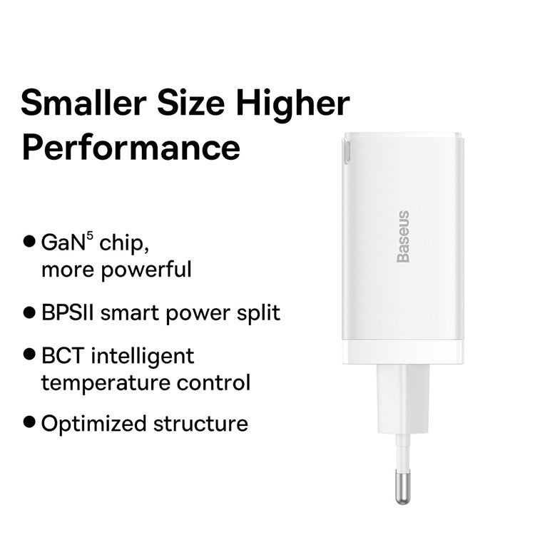 BASEUS GaN5 Pro Wall Charger 2 Type-C + 1 USB 65W Fast Charging Travel GaN Charger EU Plug Adapter - White