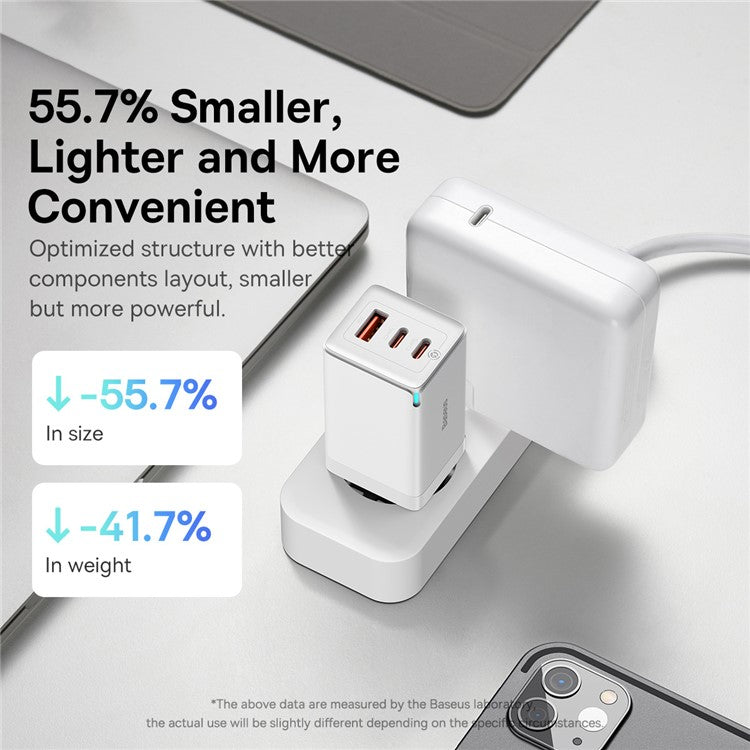 BASEUS GaN5 Pro Wall Charger 2 Type-C + 1 USB 65W Fast Charging Travel GaN Charger EU Plug Adapter - White