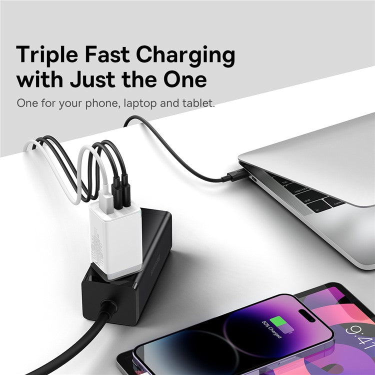 BASEUS GaN5 Pro Wall Charger 2 Type-C + 1 USB 65W Fast Charging Travel GaN Charger EU Plug Adapter - White