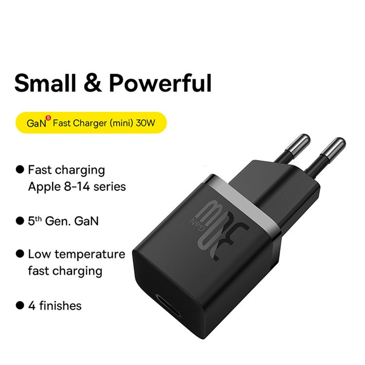 BASEUS GaN5 Mini Fast Charger Type-C 30W Portable Wall Charger Adapter for iPhone, iPad, AirPods (EU Plug) - Black