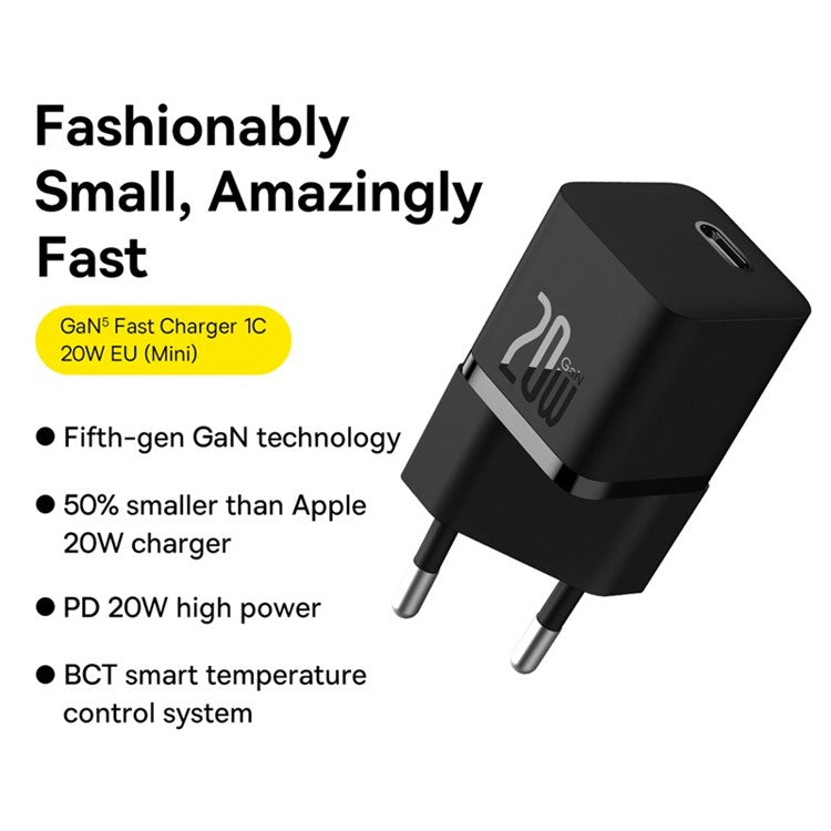 BASEUS 20W GaN5 Fast Charger Portable Type-C Port Wall Charging Adapter (Mini), EU Plug - Black