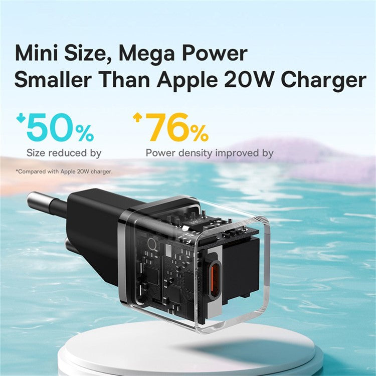 BASEUS 20W GaN5 Fast Charger Portable Type-C Port Wall Charging Adapter (Mini), EU Plug - Black