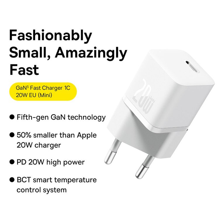 BASEUS 20W GaN5 Fast Charger Portable Type-C Port Wall Charging Adapter (Mini), EU Plug - White