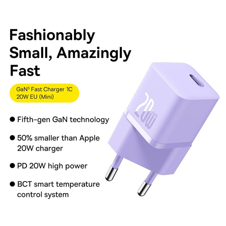 BASEUS 20W GaN5 Fast Charger Portable Type-C Port Wall Charging Adapter (Mini), EU Plug - Purple
