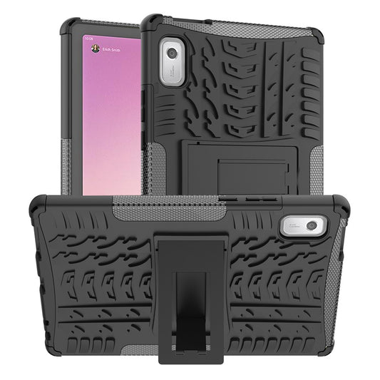 For Lenovo Tab M9 Tyre Pattern Kickstand Case PC+TPU Shockproof Tablet Cover - Black