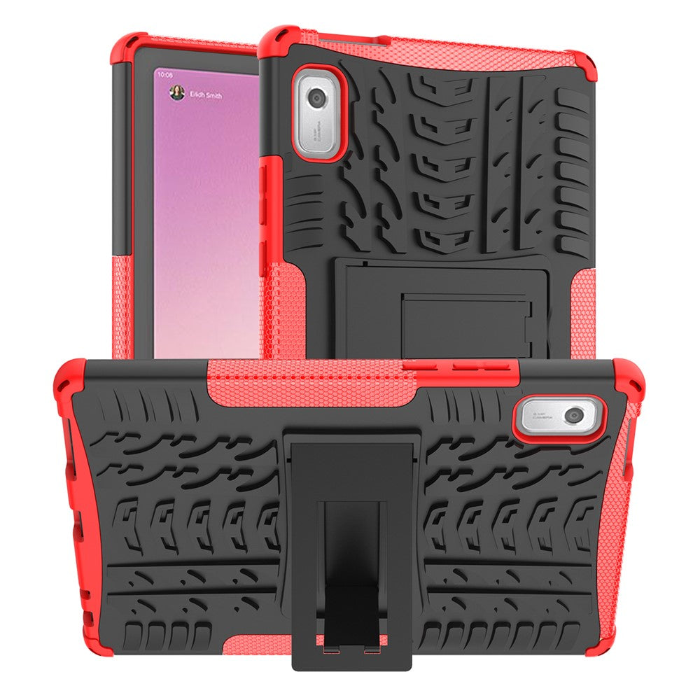 For Lenovo Tab M9 Tyre Pattern Kickstand Case PC+TPU Shockproof Tablet Cover - Red