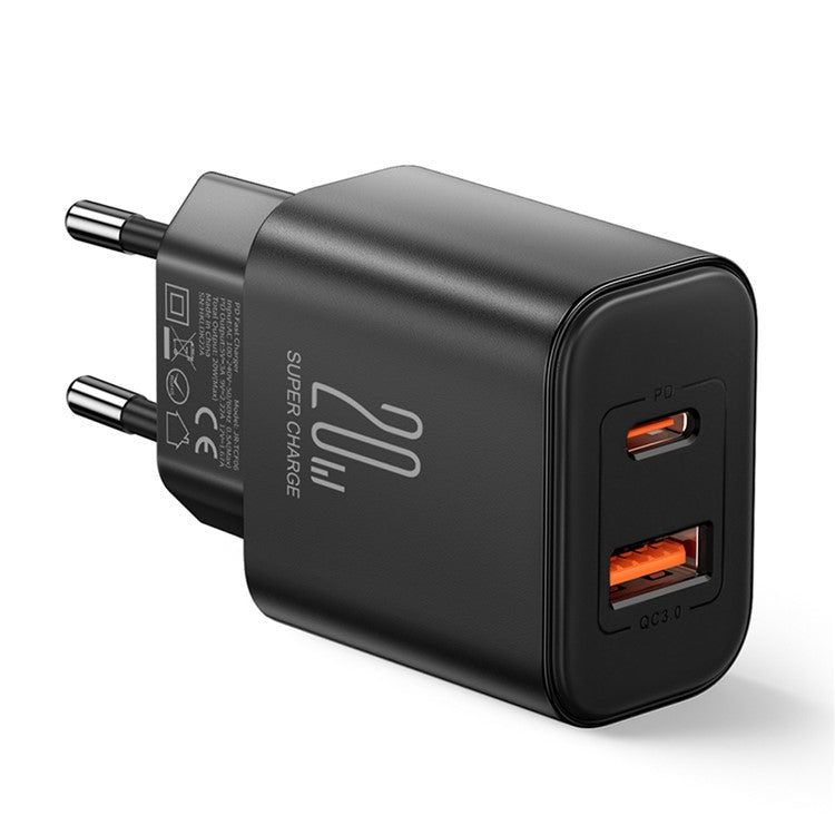 JOYROOM TCF05 PD 20W QC3.0 Fast Charger Adapter for iPhone 16-15 Series Mini Wall Charger USB+Type-C Dual-Port Charger Block - Black