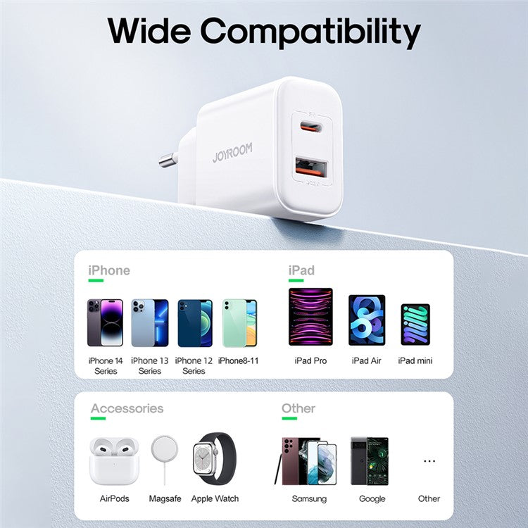 JOYROOM TCF05 PD 20W QC3.0 Fast Charger Adapter for iPhone 16-15 Series Mini Wall Charger USB+Type-C Dual-Port Charger Block - Black