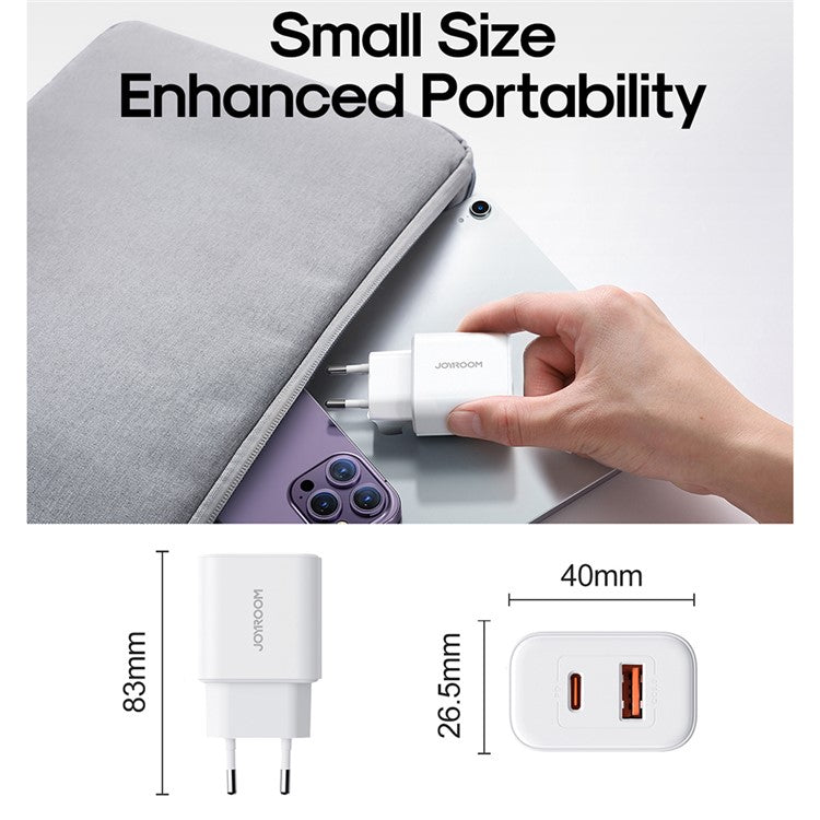 JOYROOM TCF05 PD 20W QC3.0 Fast Charger Adapter for iPhone 16-15 Series Mini Wall Charger USB+Type-C Dual-Port Charger Block - Black