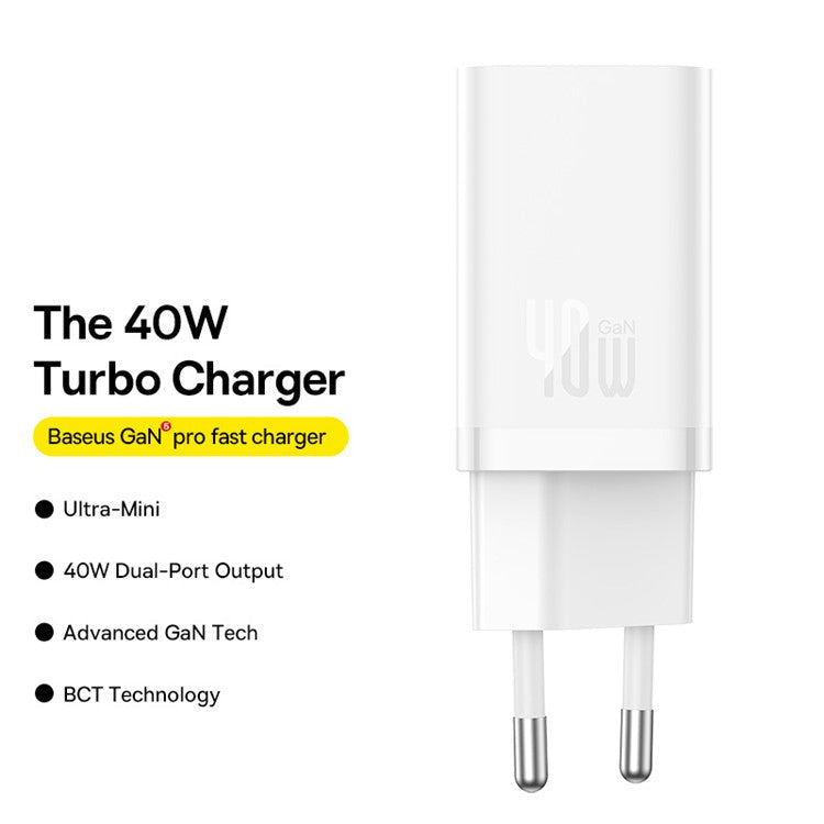 BASEUS CCGAN40CE-M GaN5 Pro Fast Charger Dual Type-C Output 40W Fasting Charging Phone GaN Charger, EU Plug - White