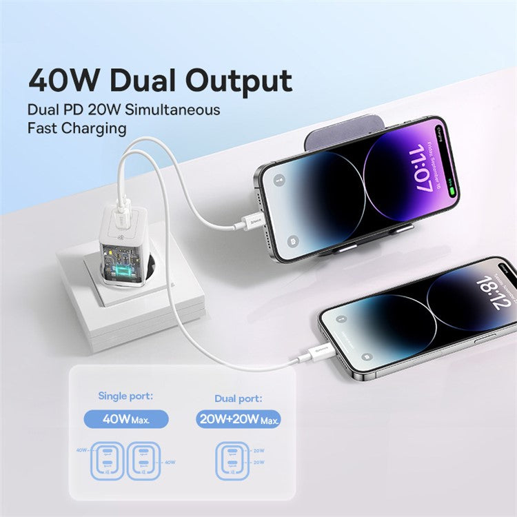 BASEUS CCGAN40CE-M GaN5 Pro Fast Charger Dual Type-C Output 40W Fasting Charging Phone GaN Charger, EU Plug - White