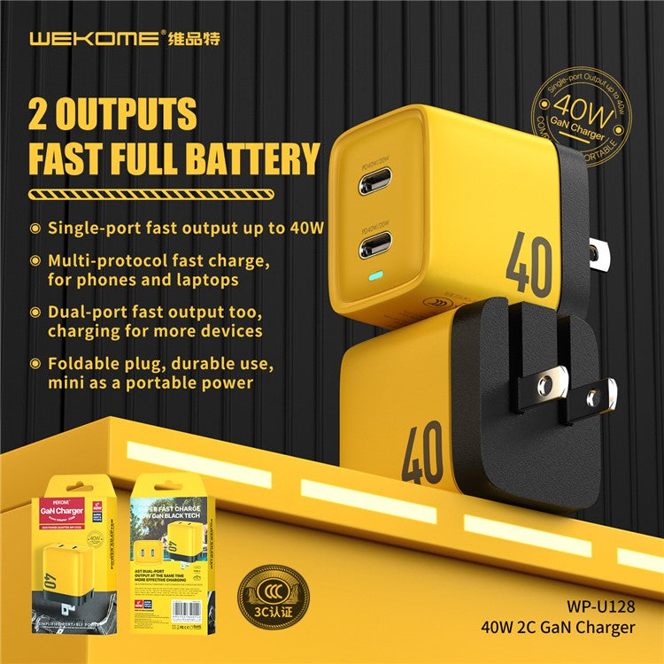 WEKOME WP-U128 40W GaN Dual Type-C Port Wall Charger Phone Fast Charging Adapter - US Plug