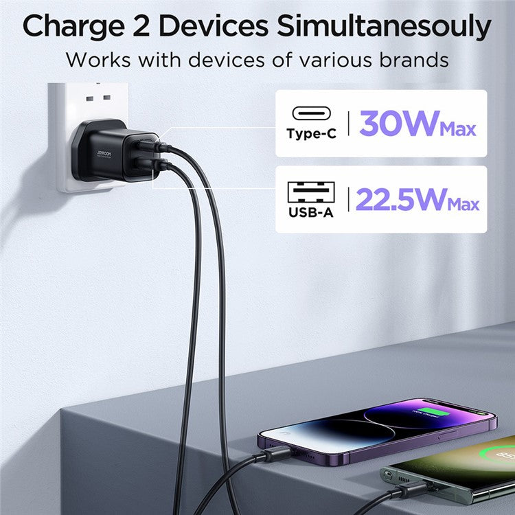 JOYROOM JR-TCF08 Speed Series UK Plug 30W USB+Type-C Wall Charger PD + QC3.0 Plastic Fast Charging Adapter