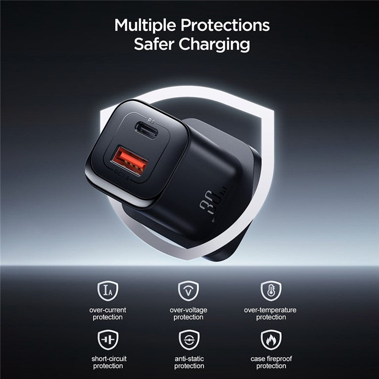 JOYROOM JR-TCF08 Speed Series UK Plug 30W USB+Type-C Wall Charger PD + QC3.0 Plastic Fast Charging Adapter