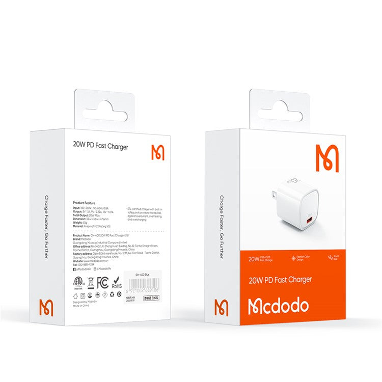 MCDODO Nano Series PD 20W Phone Fast Charging Adapter Singe Type-C Port Wall Charger - White / US Plug