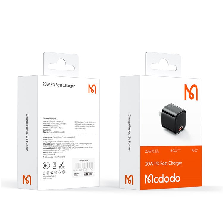 MCDODO Nano Series PD 20W Phone Fast Charging Adapter Singe Type-C Port Wall Charger - Black / CN Plug